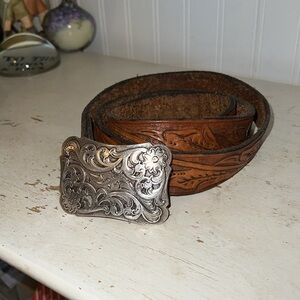 Vintage western tooled belt & silver plated buckle 40” - 43”